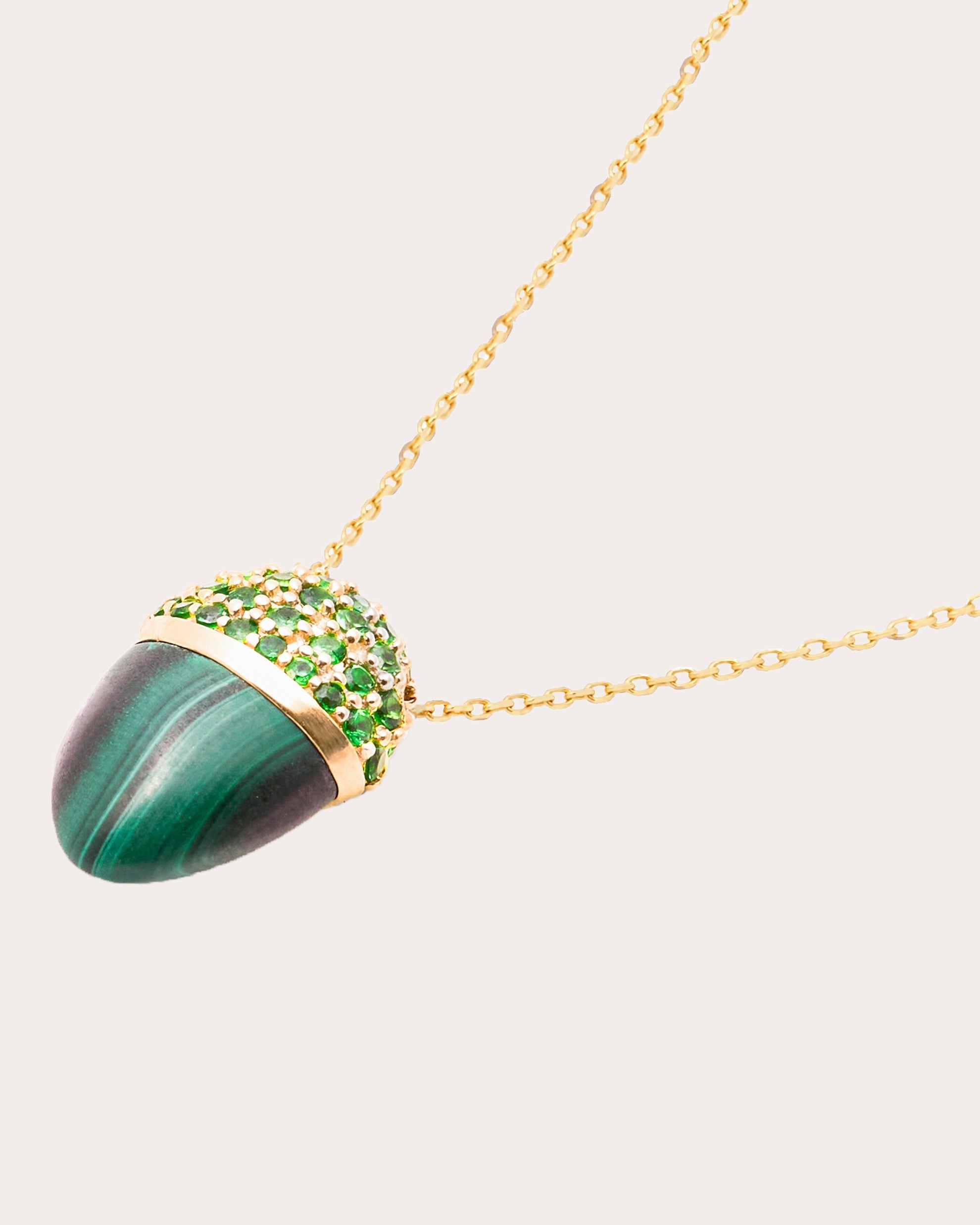 Found Cap 14K Gold Malachite and Tsavorite Pendant Necklace