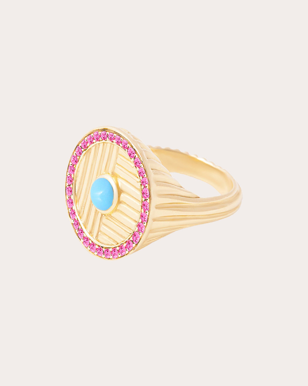Found 14K Gold Turquoise and Pink Sapphire Ribbed Ring