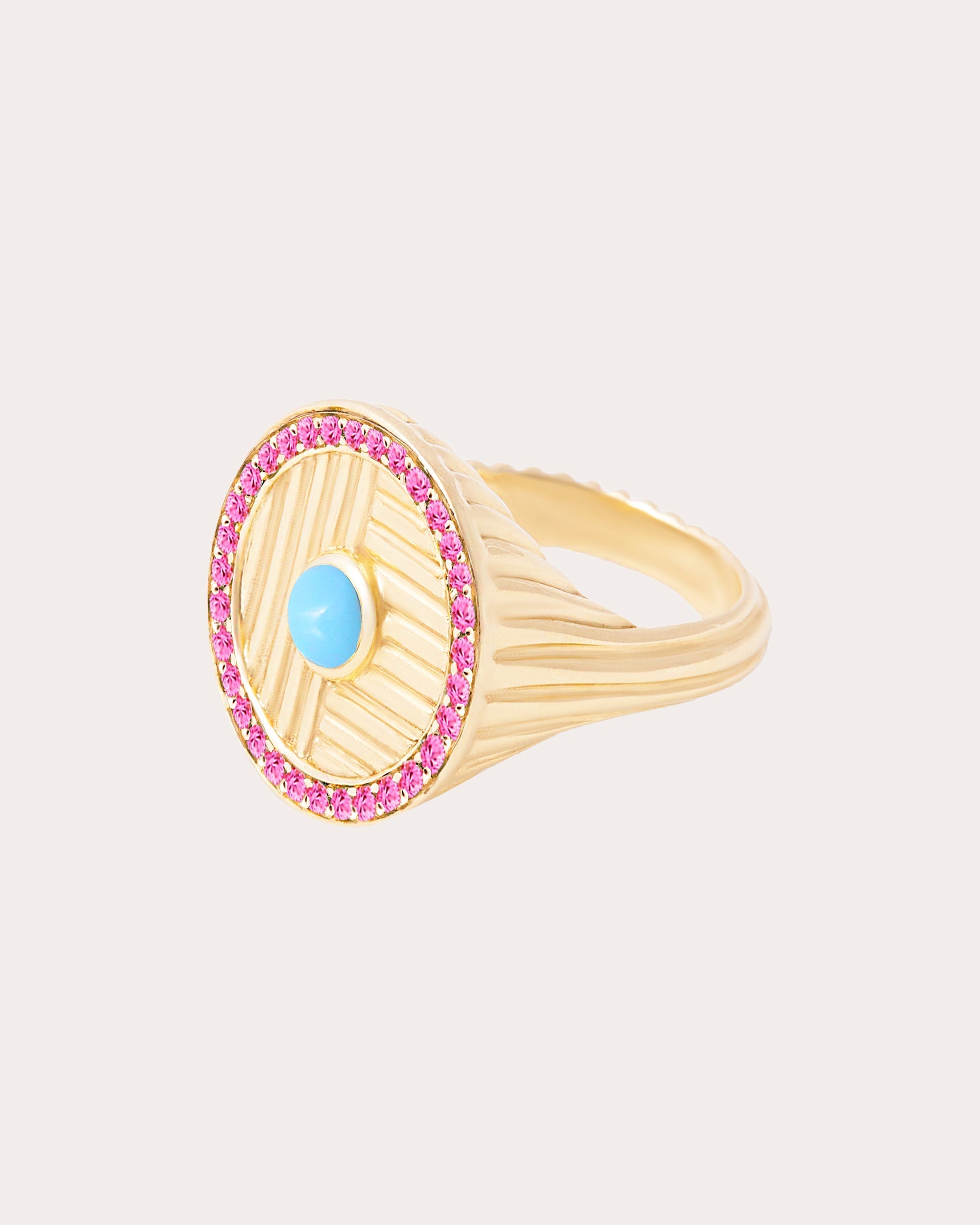 Found 14K Gold Turquoise and Pink Sapphire Ribbed Ring