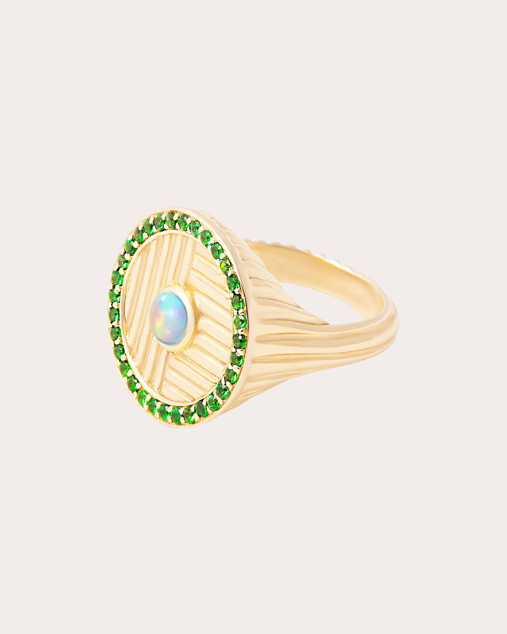 Found 14K Gold Opal and Tsavorite Ribbed Ring