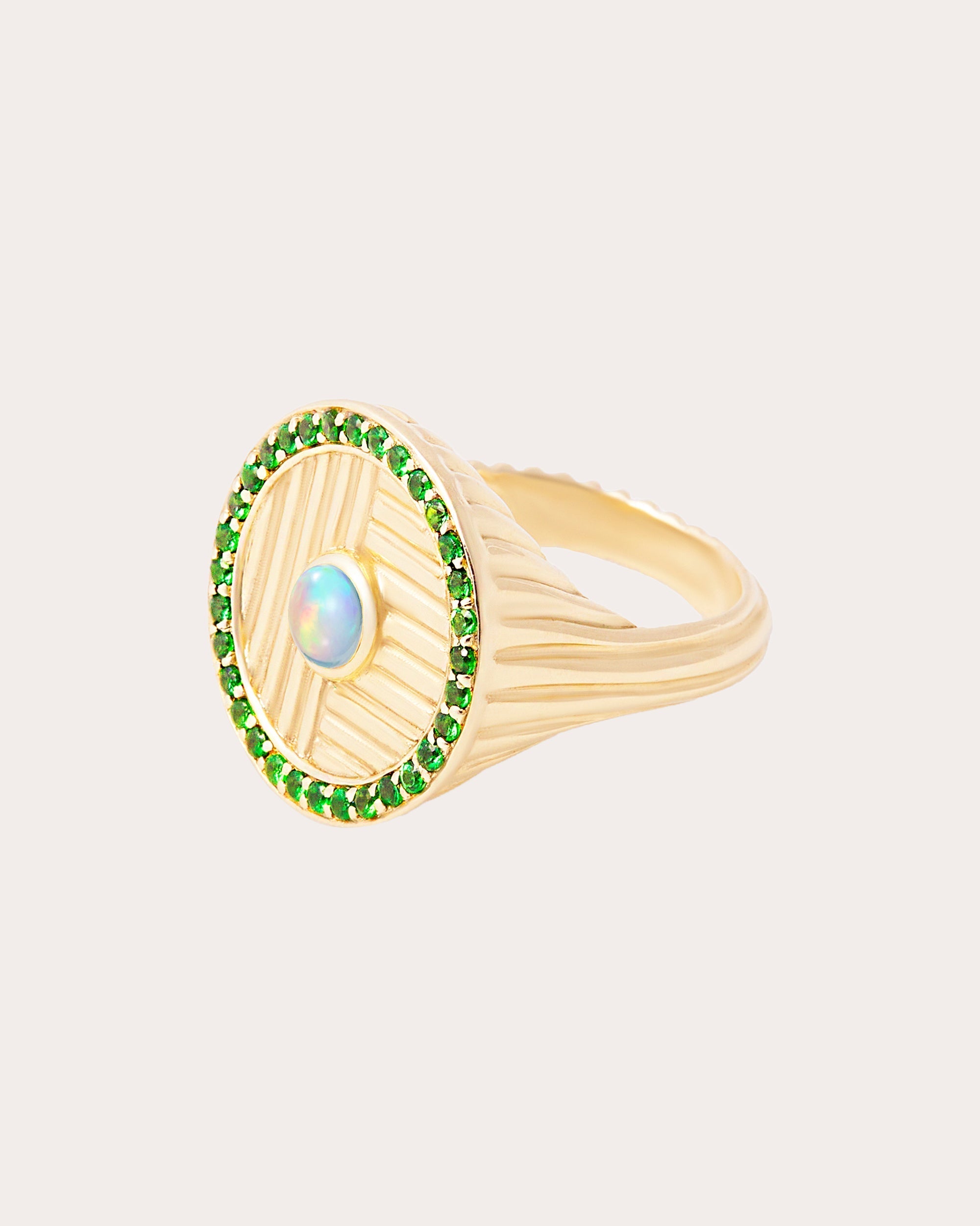 Found 14K Gold Opal and Tsavorite Ribbed Ring