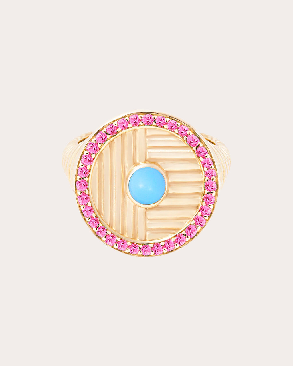 Found 14K Gold Turquoise and Pink Sapphire Ribbed Ring
