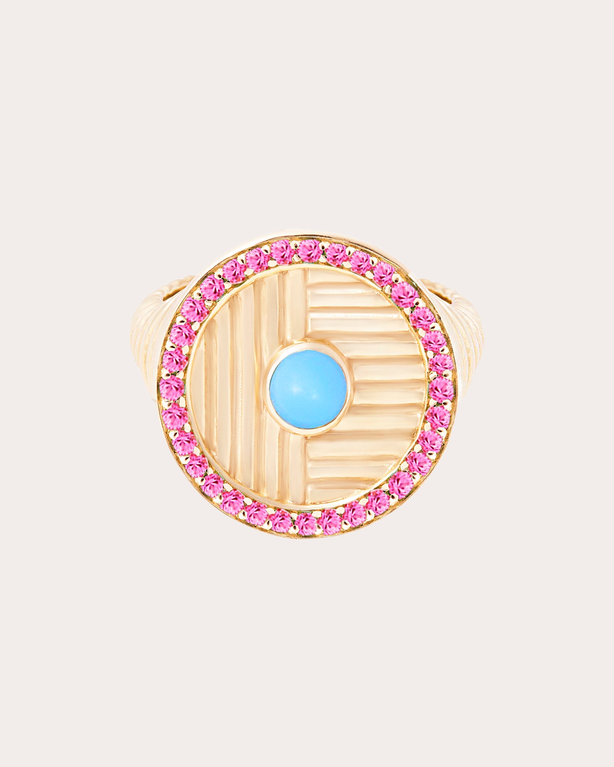 Found 14K Gold Turquoise and Pink Sapphire Ribbed Ring