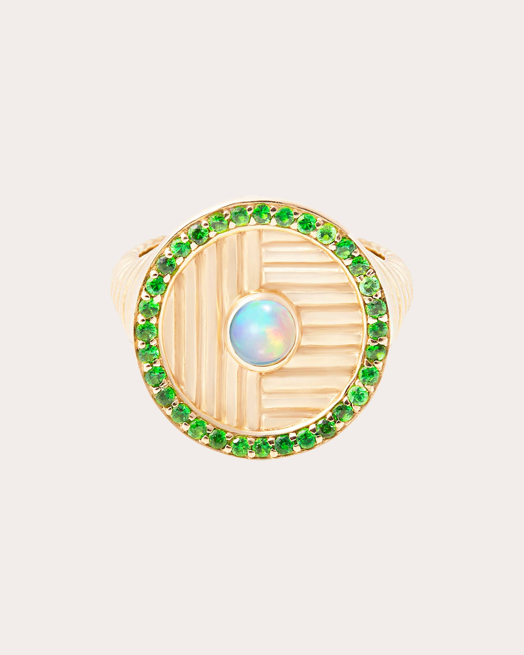 Found 14K Gold Opal and Tsavorite Ribbed Ring