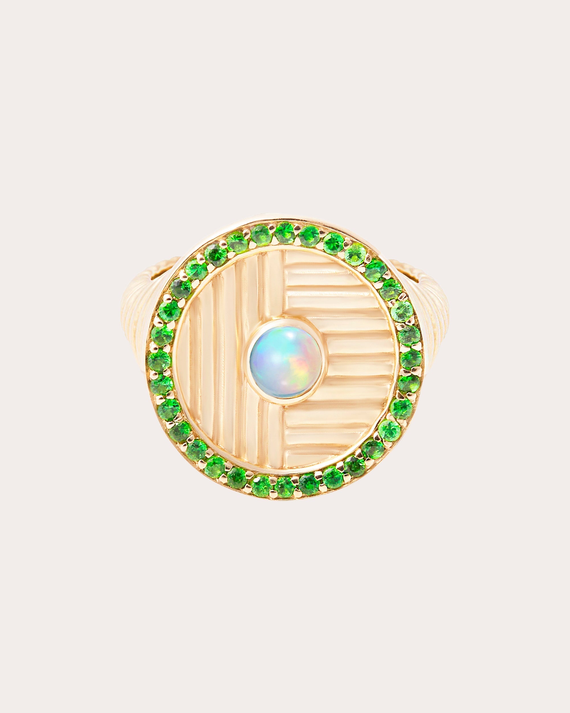 Found 14K Gold Opal and Tsavorite Ribbed Ring