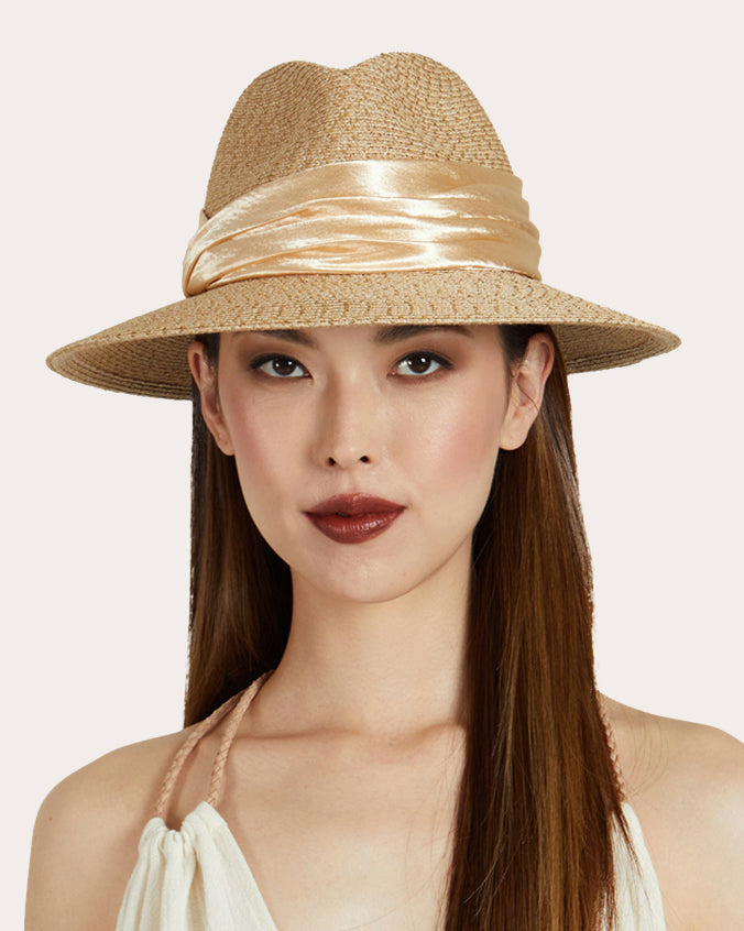 Courtney Satin Ribbon-Trimmed Woven Toyo Fedora