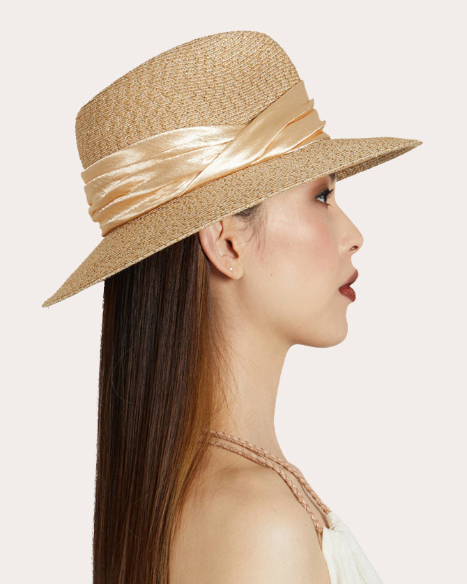 Courtney Satin Ribbon-Trimmed Woven Toyo Fedora