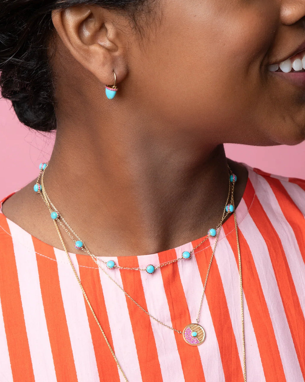 Found Cap 14K Gold Turquoise and Pink Sapphire Earrings