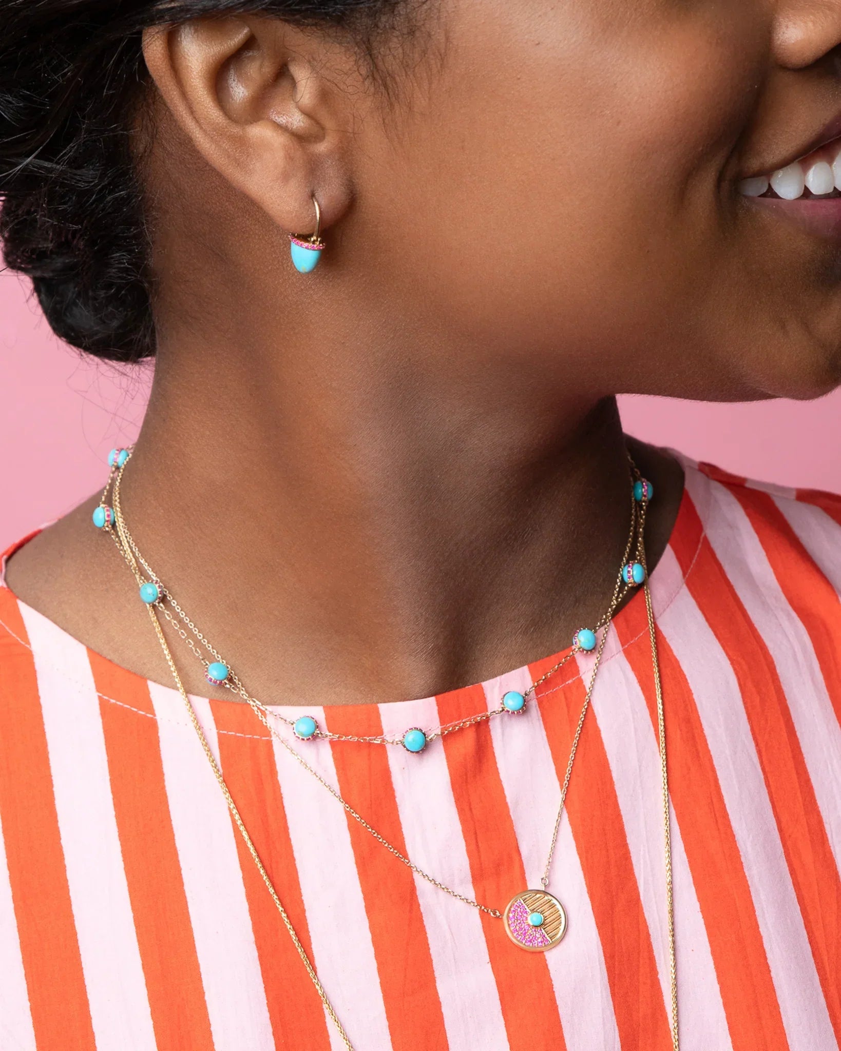 Found Cap 14K Gold Turquoise and Pink Sapphire Earrings