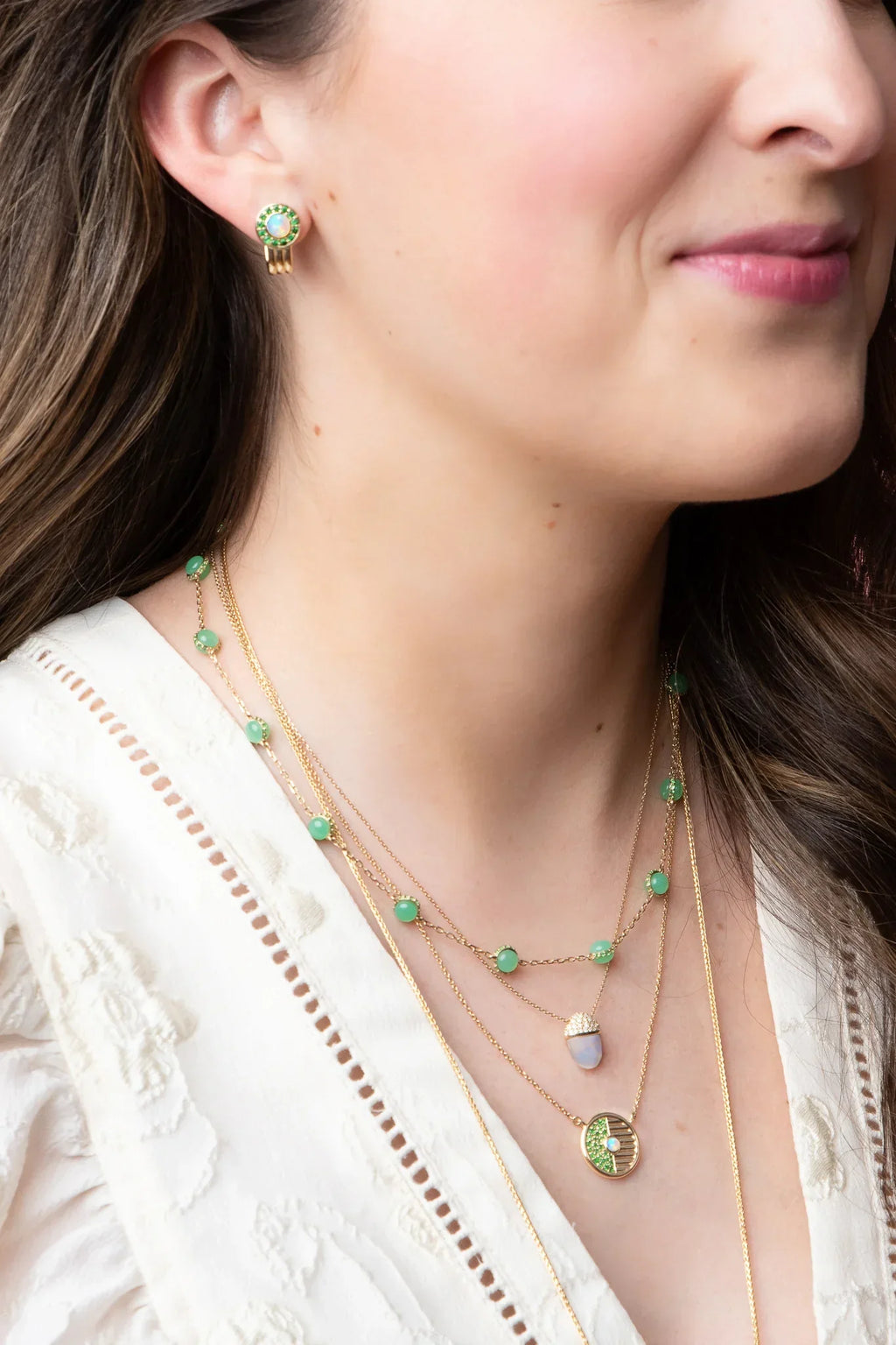 Found Small 14K Gold Tsavorite and Opal Disk Pendant Necklace