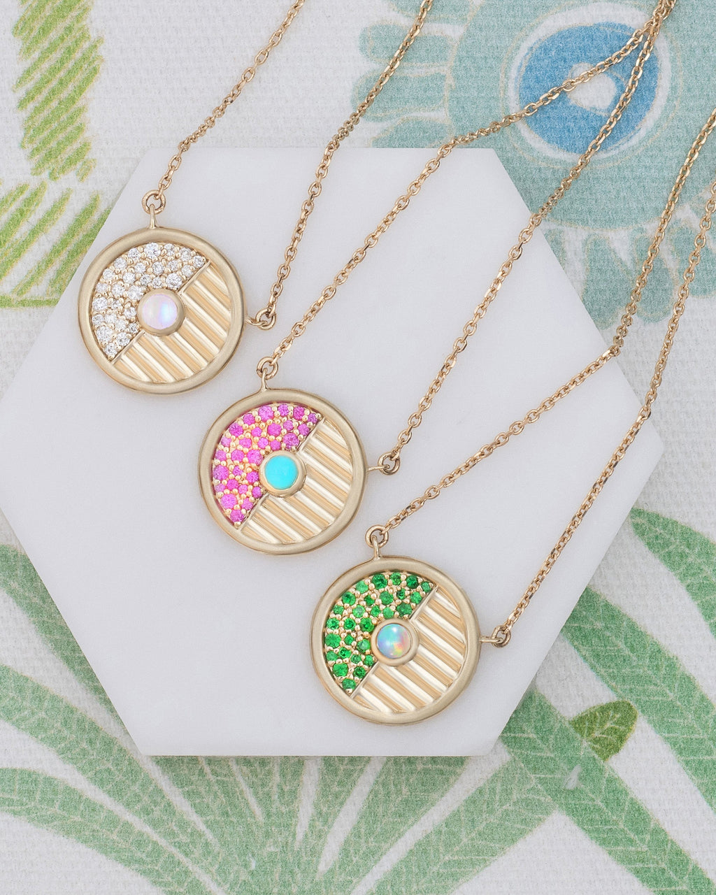 Found Small 14K Gold Tsavorite and Opal Disk Pendant Necklace