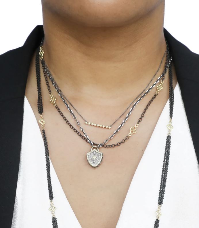 Protection Shield Blackened Sterling Silver 18K Gold Diamond Pendant Necklace