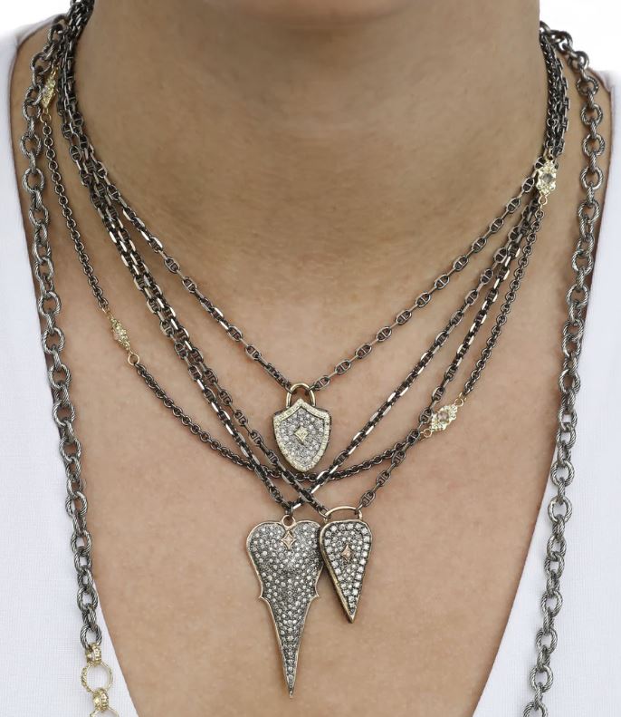 Heart Shield Blackened Sterling Silver 18K Gold Diamond Pendant Necklace