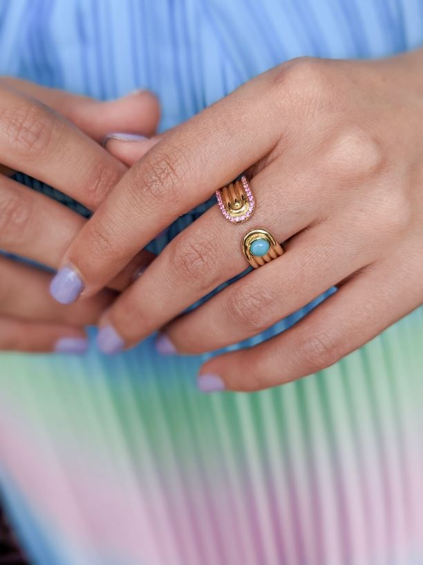 Found 14K Gold Turquoise and Pink Sapphire Open Ring