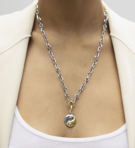 14K Gold Sterling Silver and Diamond Yin Yang Pendant Necklace