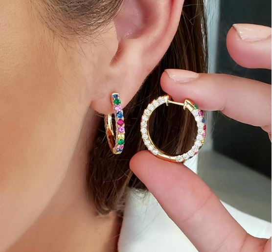 Three-Sided 18K Gold Multi-Stone Hoop Earrings