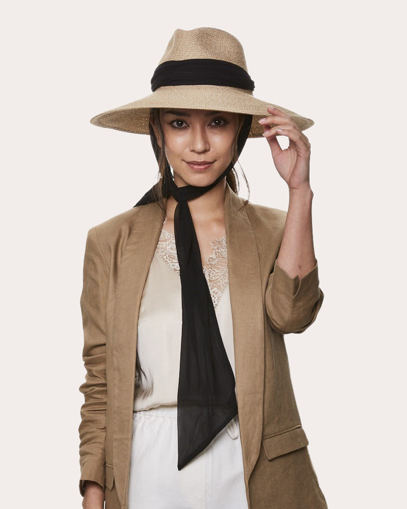 Cassidy Satin Scarf-Trimmed Wide-Brim Fedora