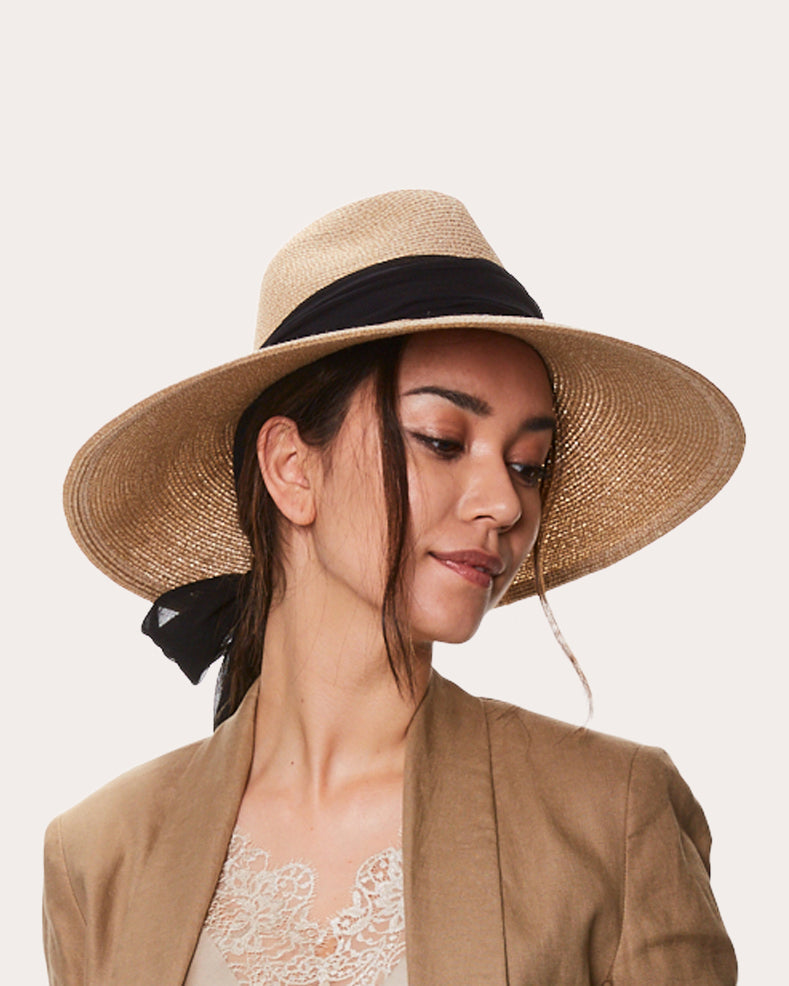 Cassidy Satin Scarf-Trimmed Wide-Brim Fedora