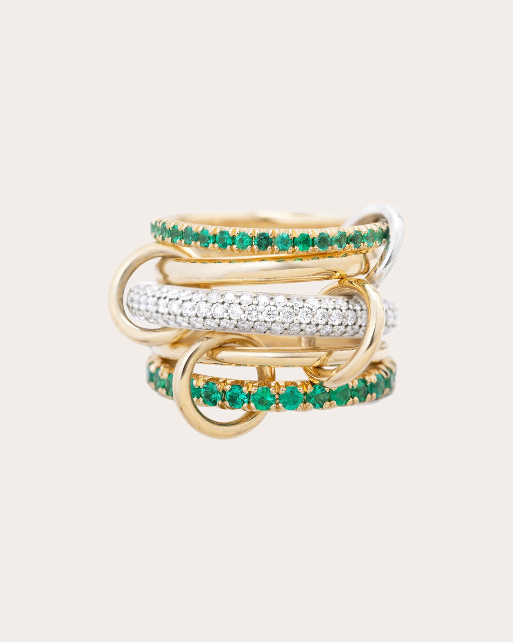 Chloe Vert 18K Gold Sterling Silver Emerald and Diamond Pavé Linked Rings