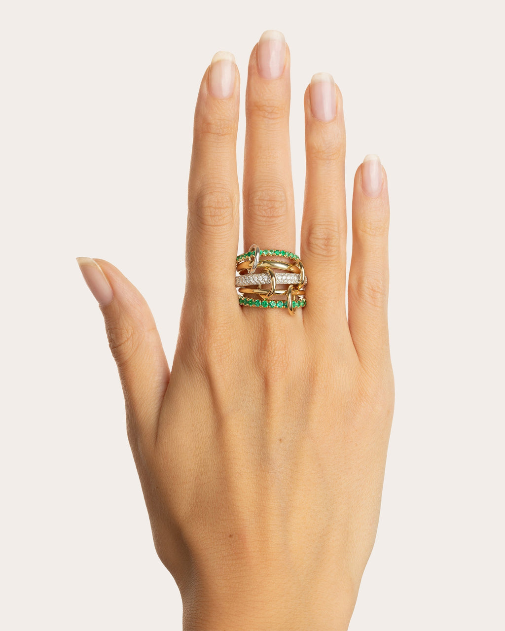 Chloe Vert 18K Gold Sterling Silver Emerald and Diamond Pavé Linked Rings