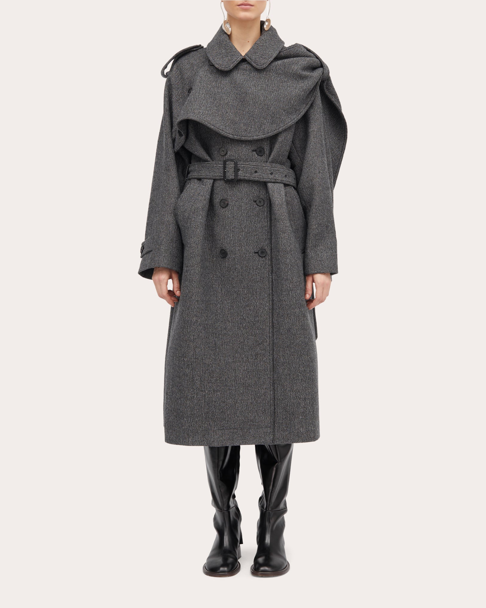Cicely Draped Scarf-Detail Wool-Blend Trench Coat