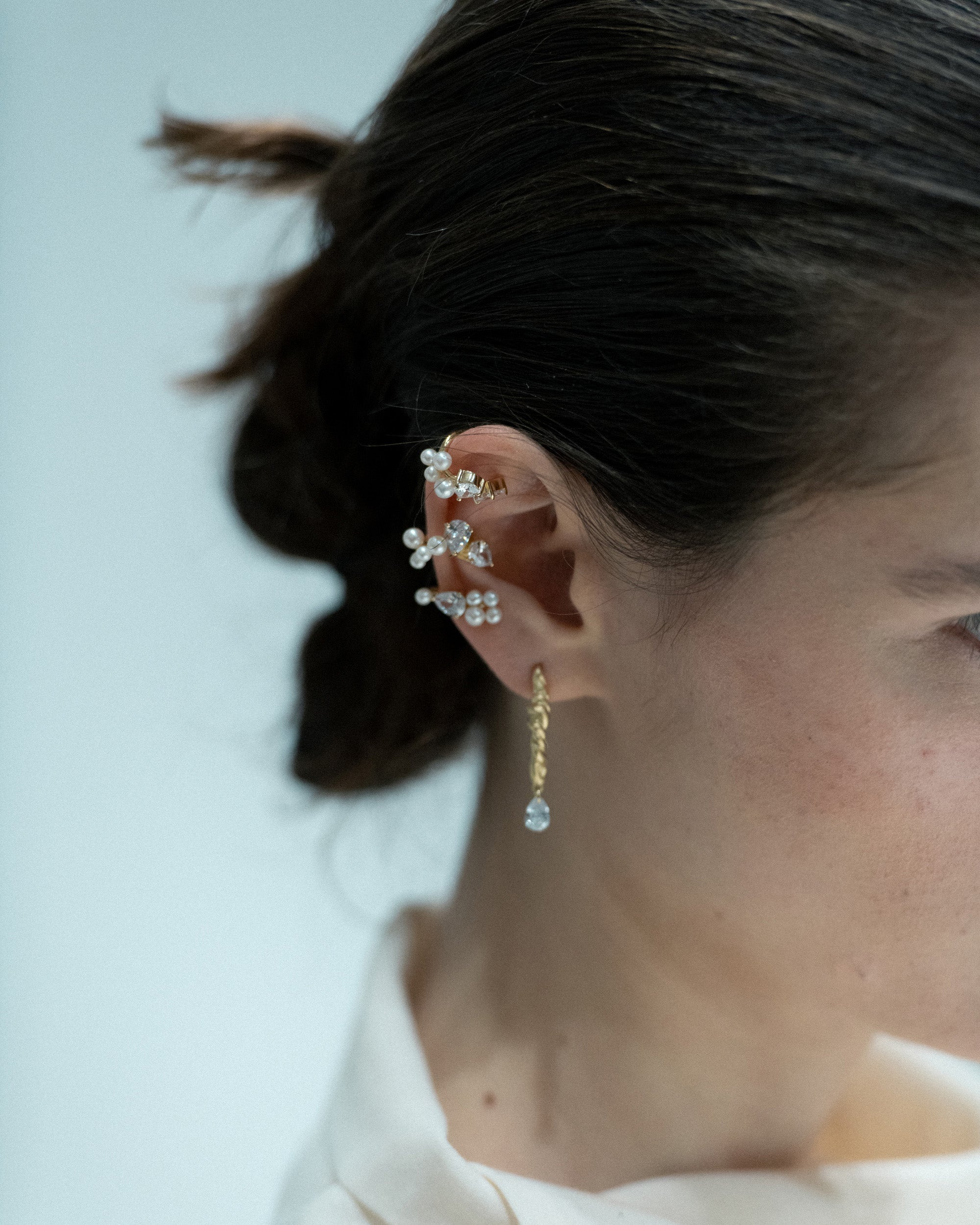 Chasing Shadows III 14K Gold-Plated Silver Pearl and Cubic Zirconia Single Ear Cuff