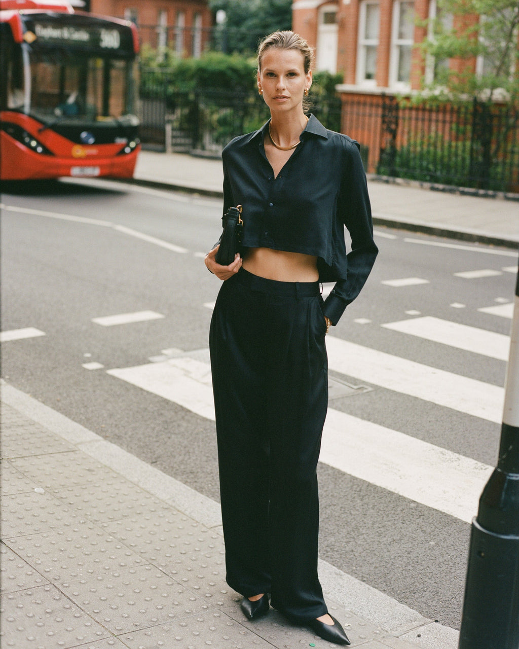 The Cropped Satin Button-Up Shirt