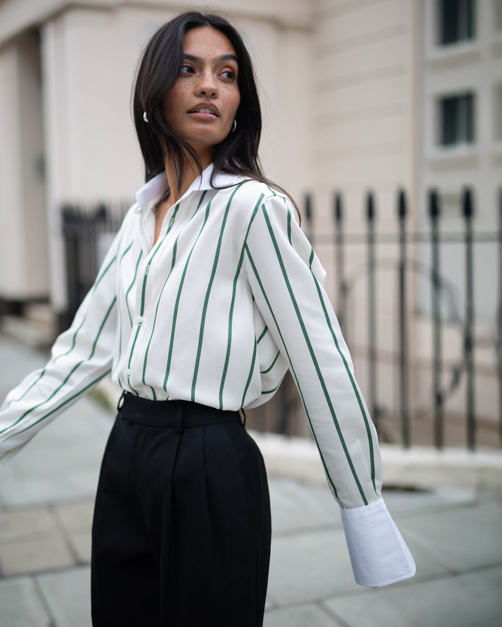 The Boyfriend Stripe Tencel™ Exaggerated-Cuff Button-Up Shirt
