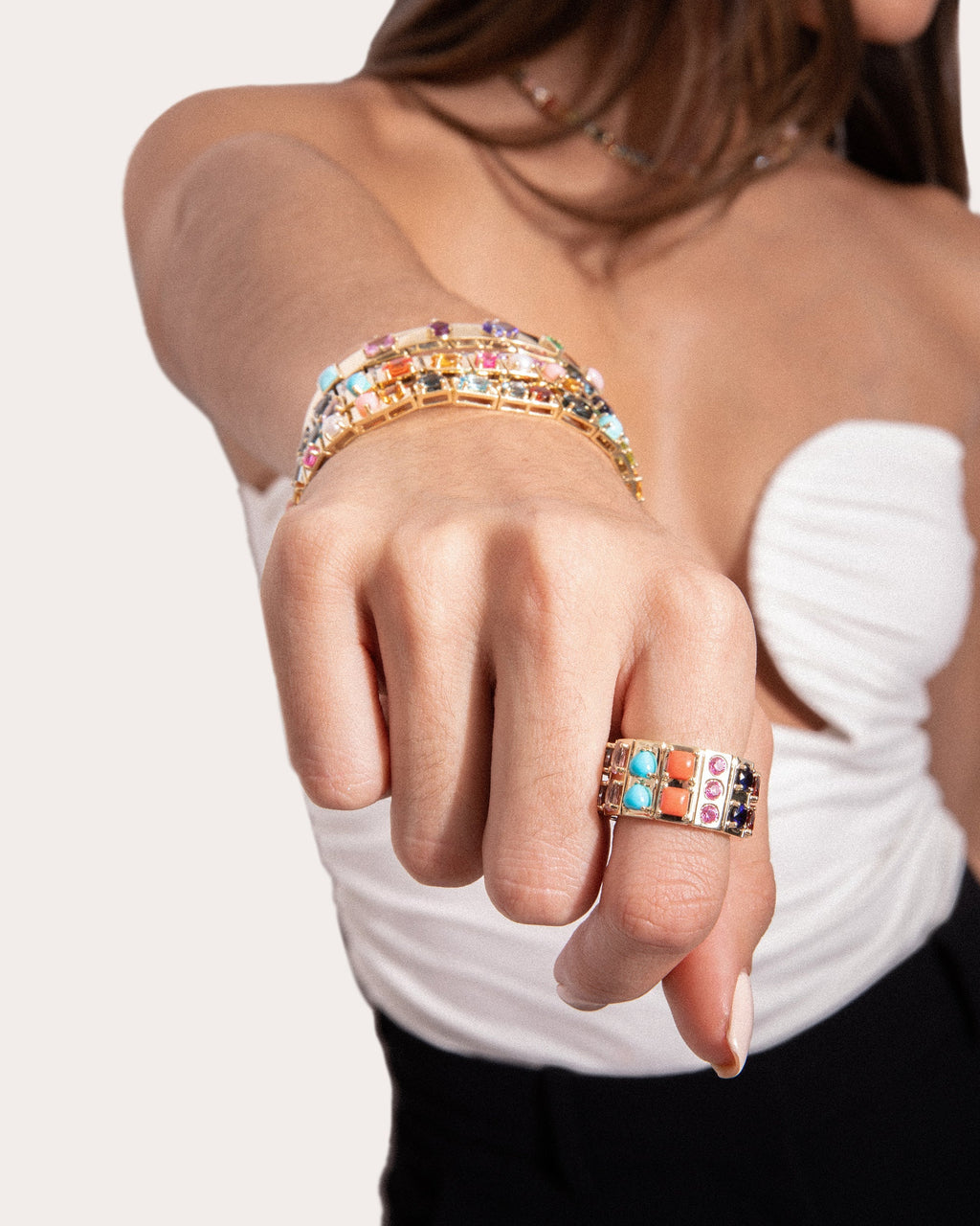l'Ego 14K Gold Pearl and Multi-Stone Cigar Band Ring