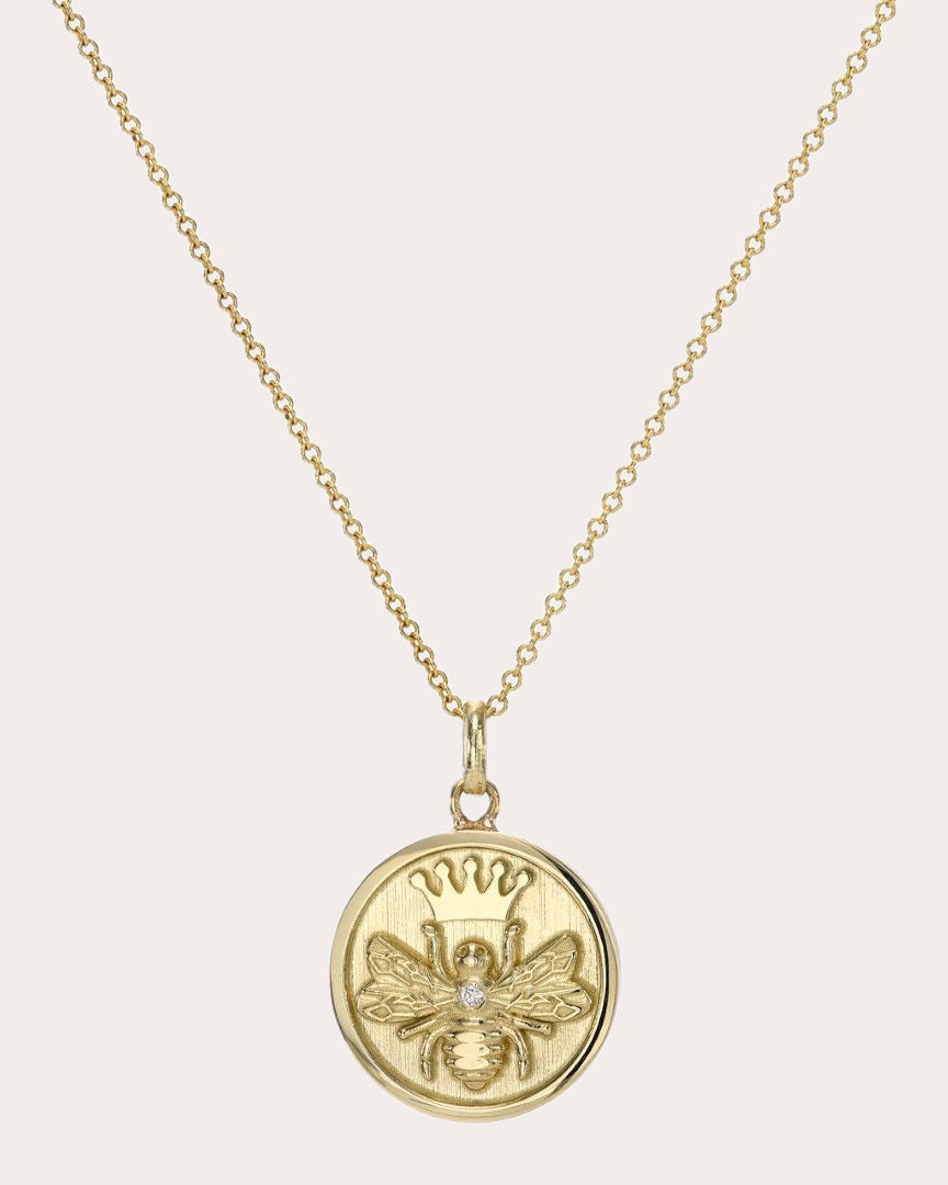 Queen Bee 14K Gold Diamond Medallion Pendant Necklace