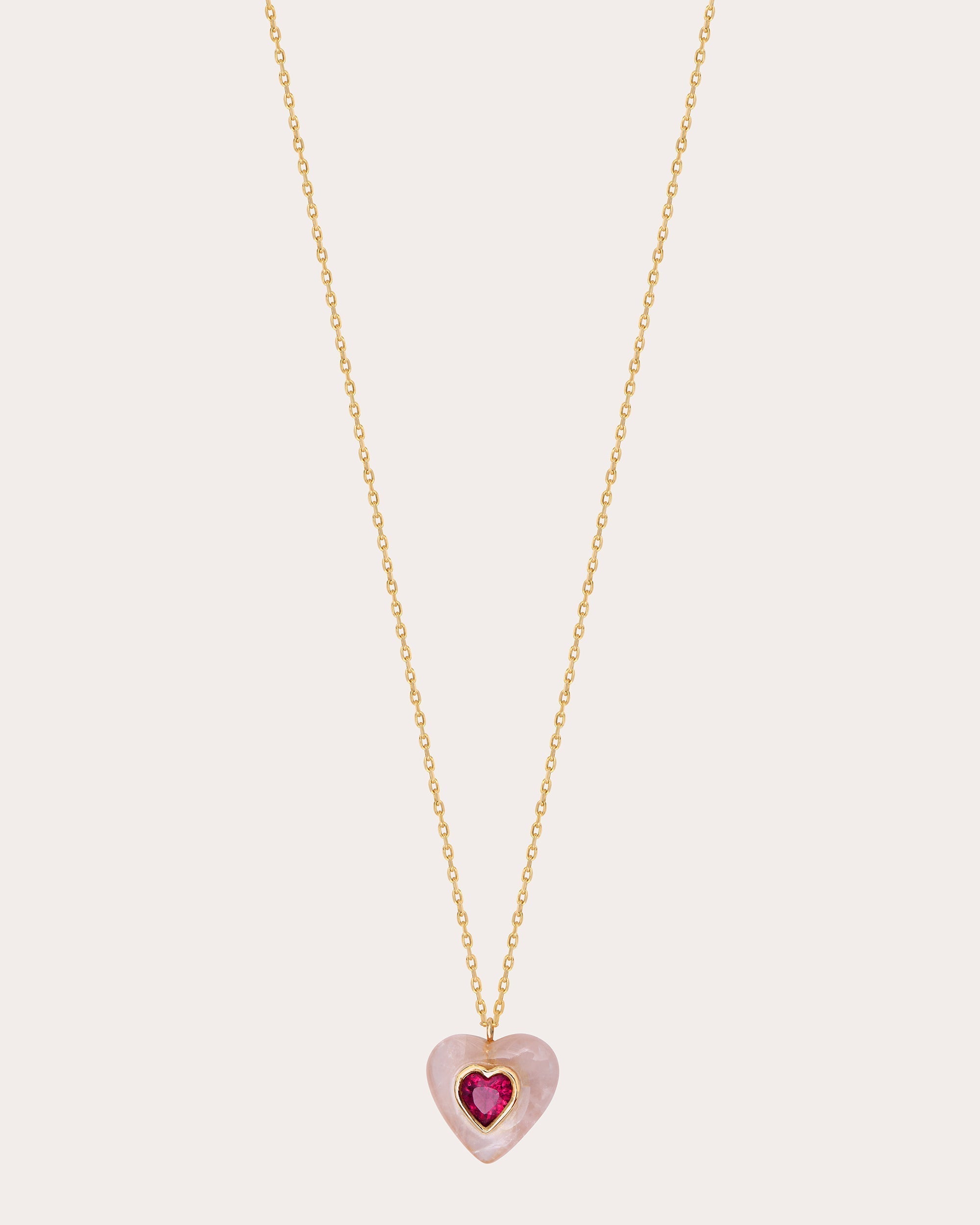 Heart 14K Gold Rose Quartz and Tourmaline Pendant Necklace
