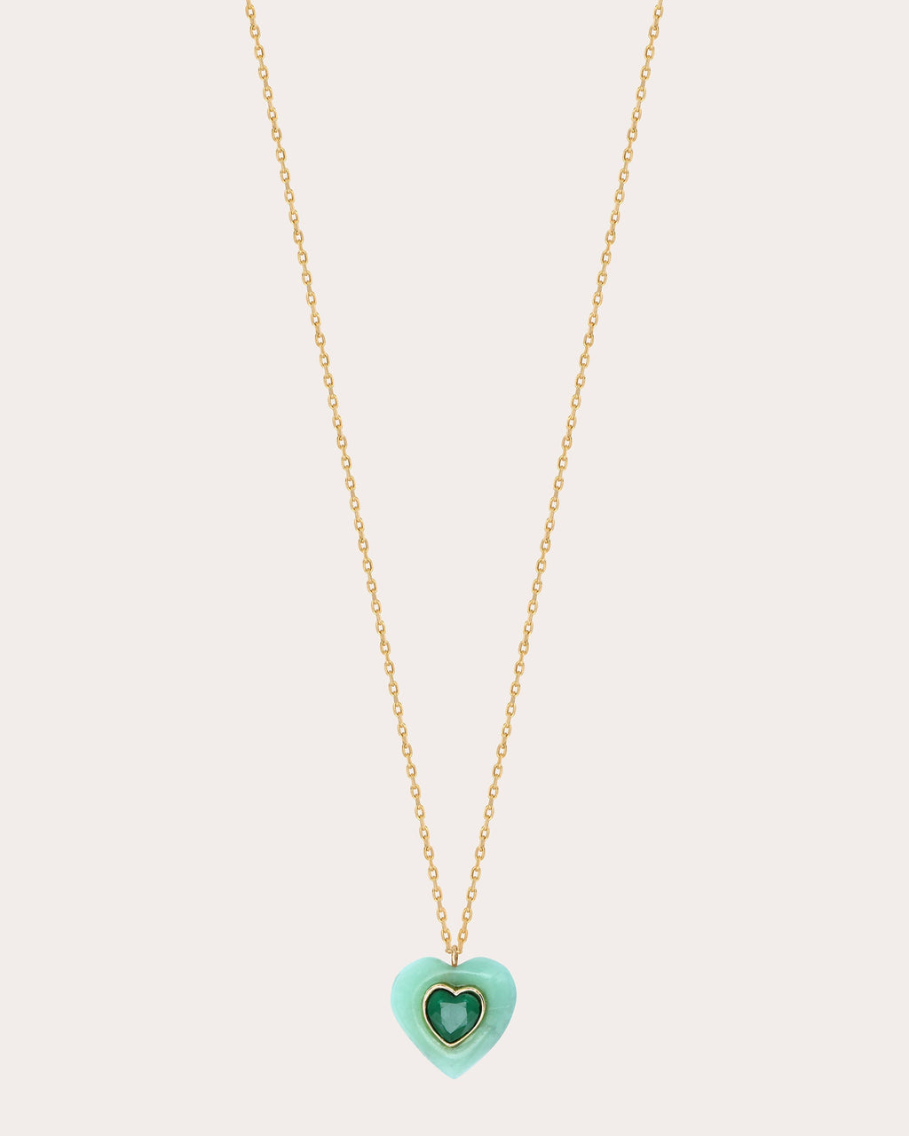 Heart 14K Gold Chrysoprase and Emerald Pendant Necklace