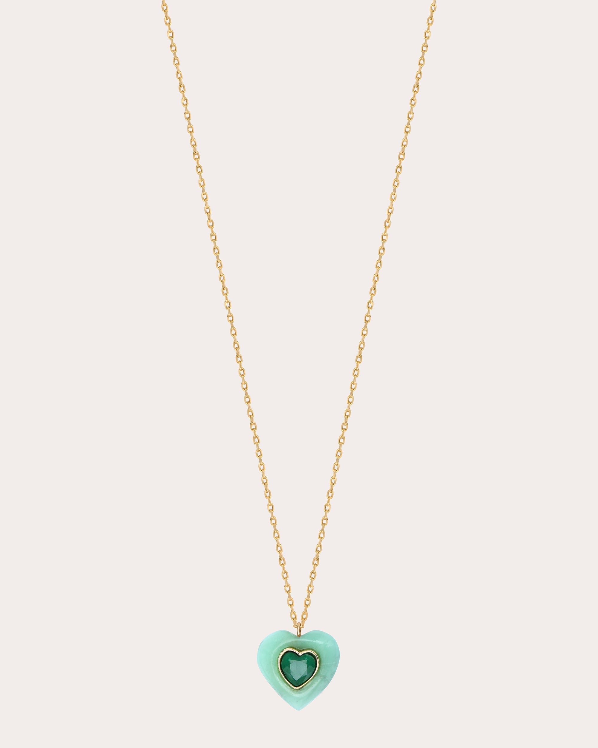Heart 14K Gold Chrysoprase and Emerald Pendant Necklace