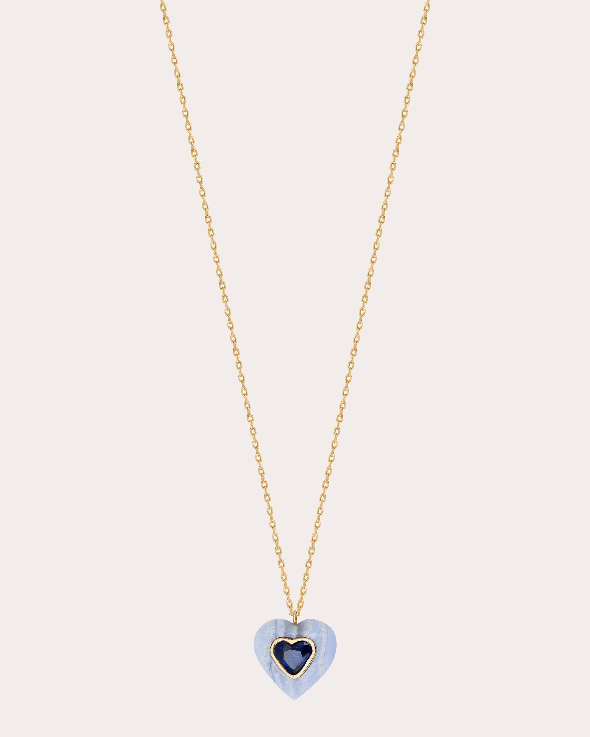 Heart 14K Gold Lace Agate and Sapphire Pendant Necklace