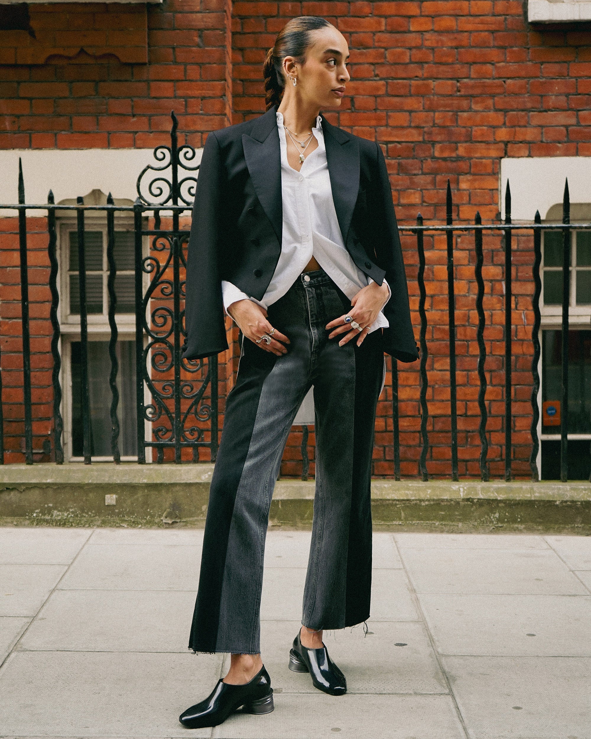 Flare High-Rise Cropped Two-Tone Jeans