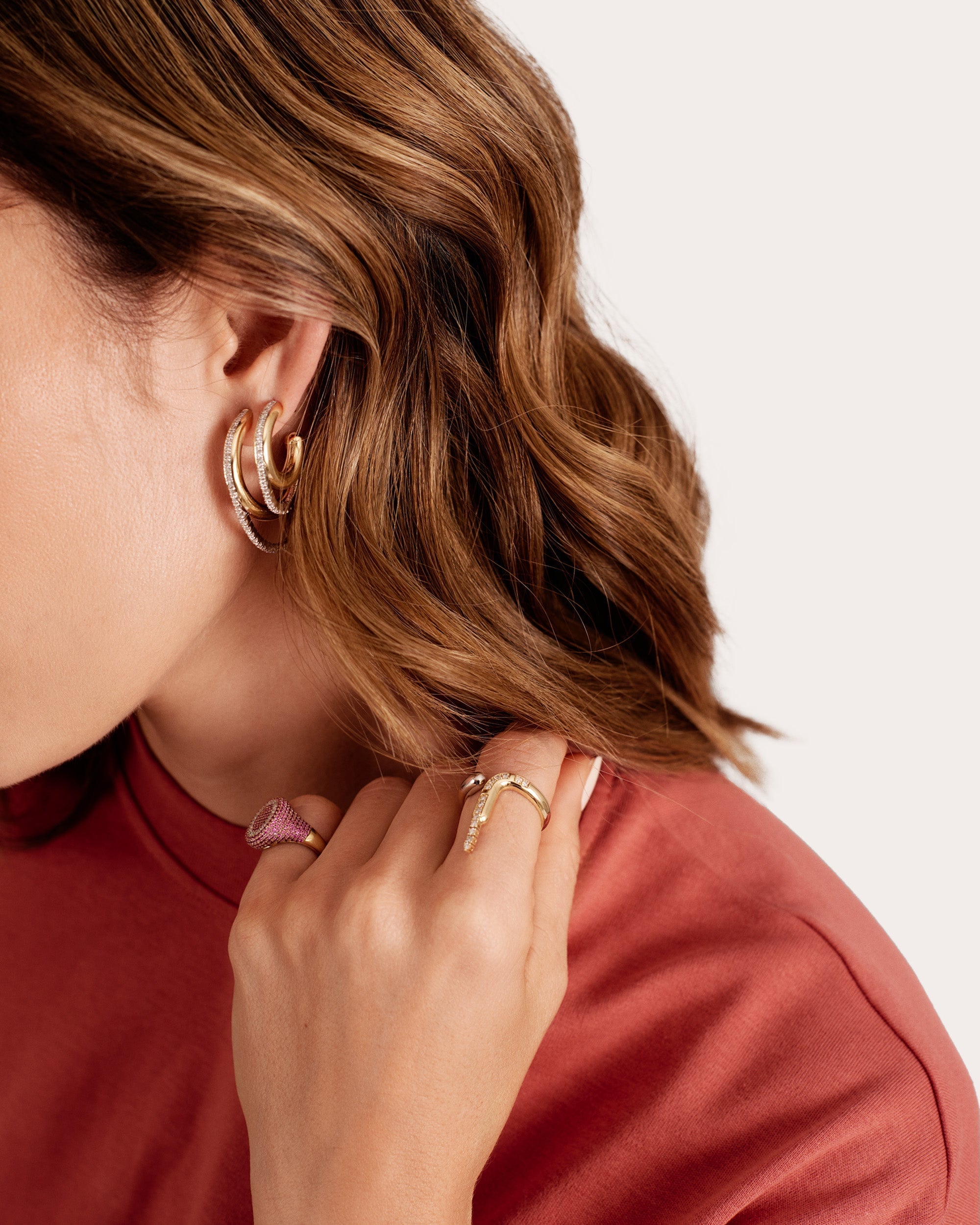 Tube 26mm 14K Gold Diamond Double Hoop Earrings