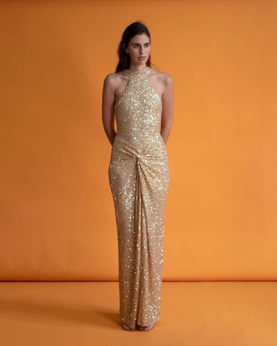 Fairuz Twist-Front Sequined Jersey Gown