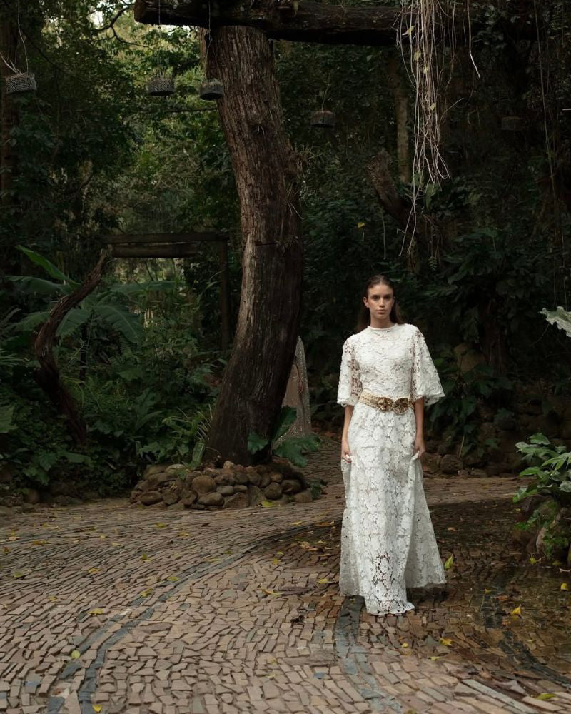 Yaqui Cape-Effect Laser-Cut Floral Lace Gown