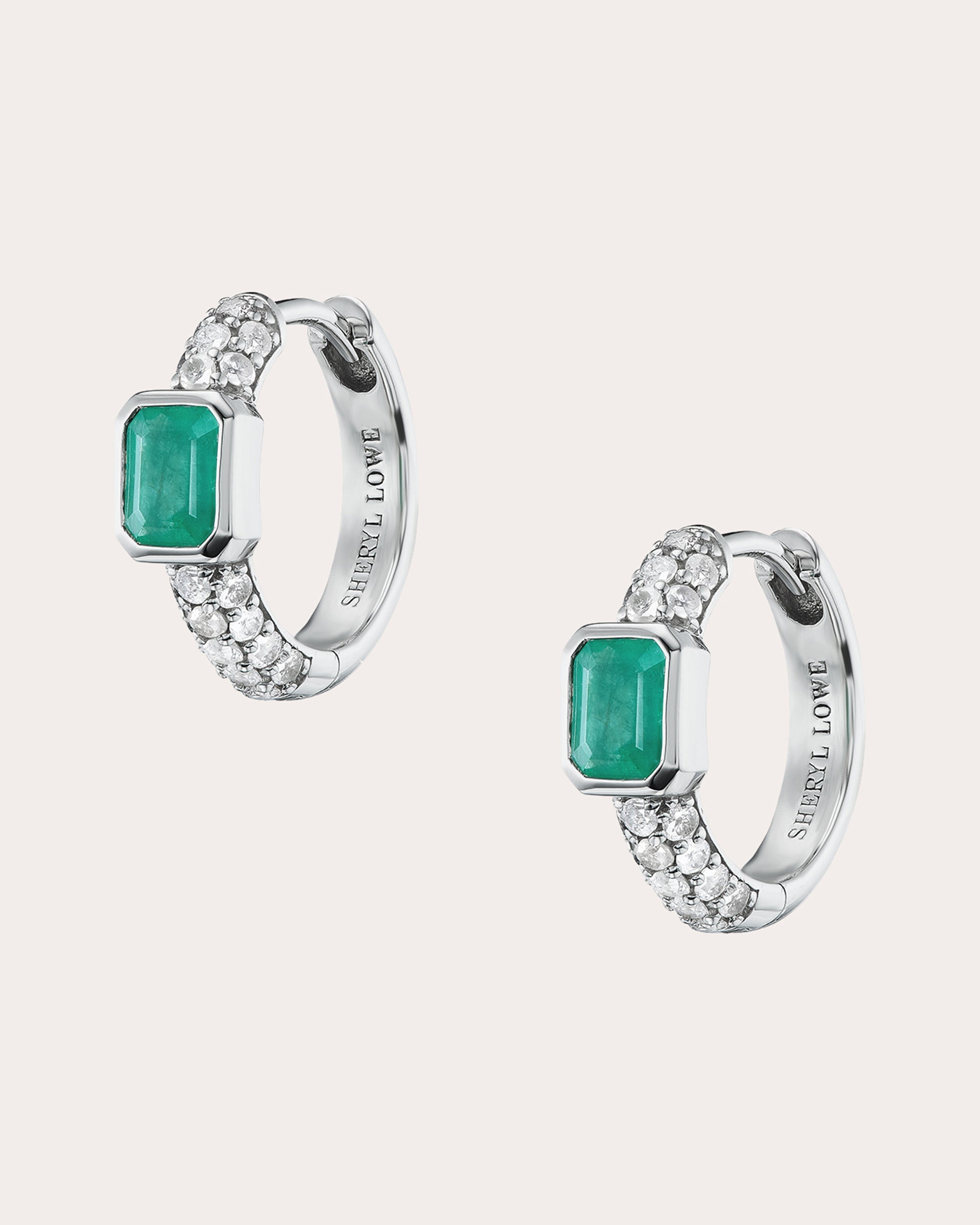 Sterling Silver Emerald and Diamond Hoop Earrings