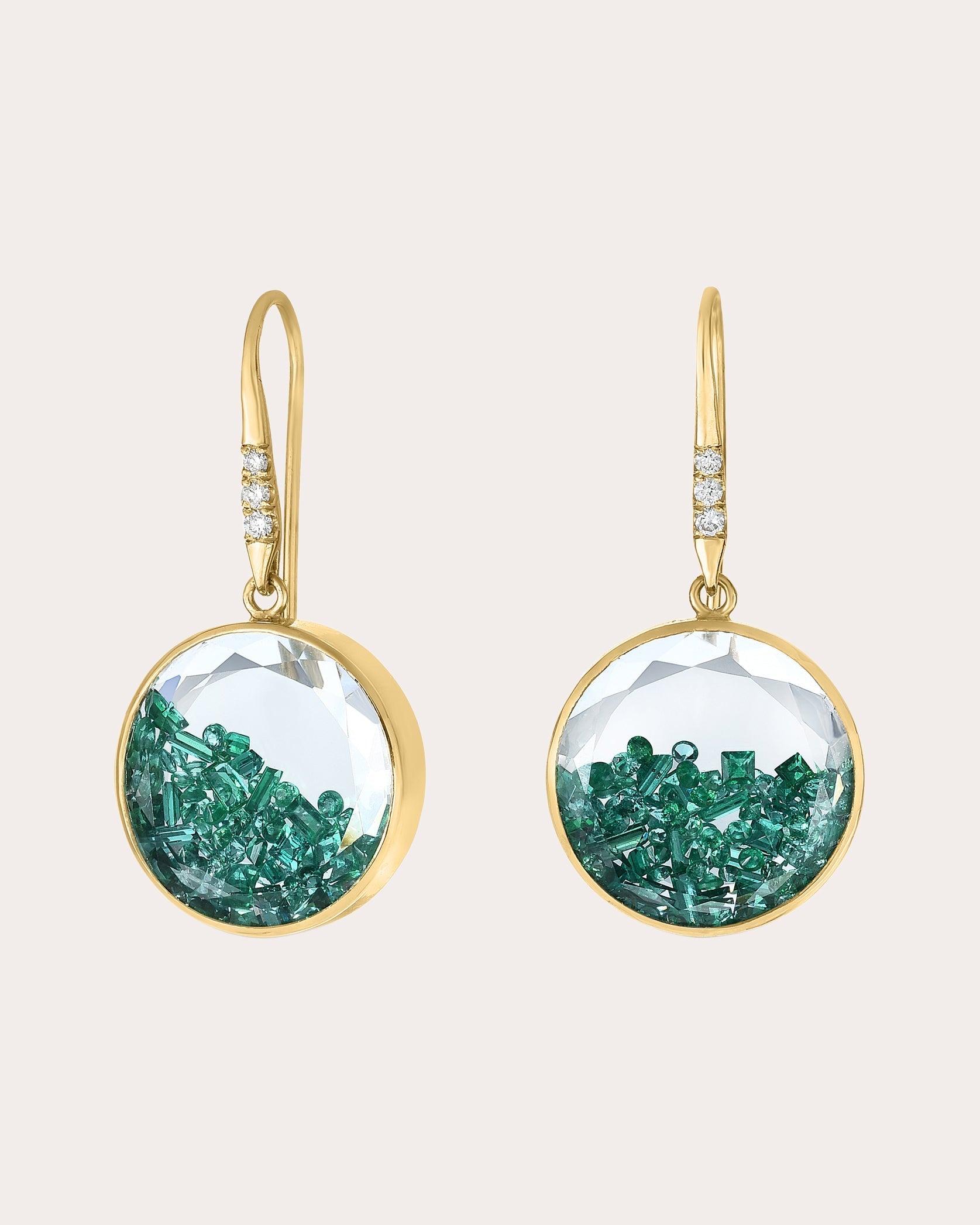Core 15 18K Gold Crystal Emerald and Diamond Shaker Drop Earrings