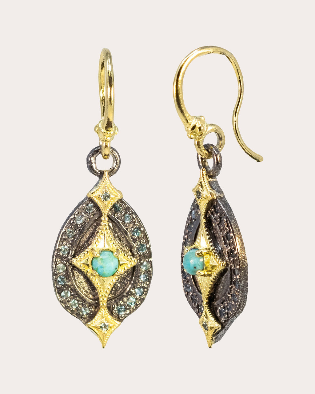 18K Gold Blackened Sterling Silver Turquoise and Topaz Crivelli Earrings