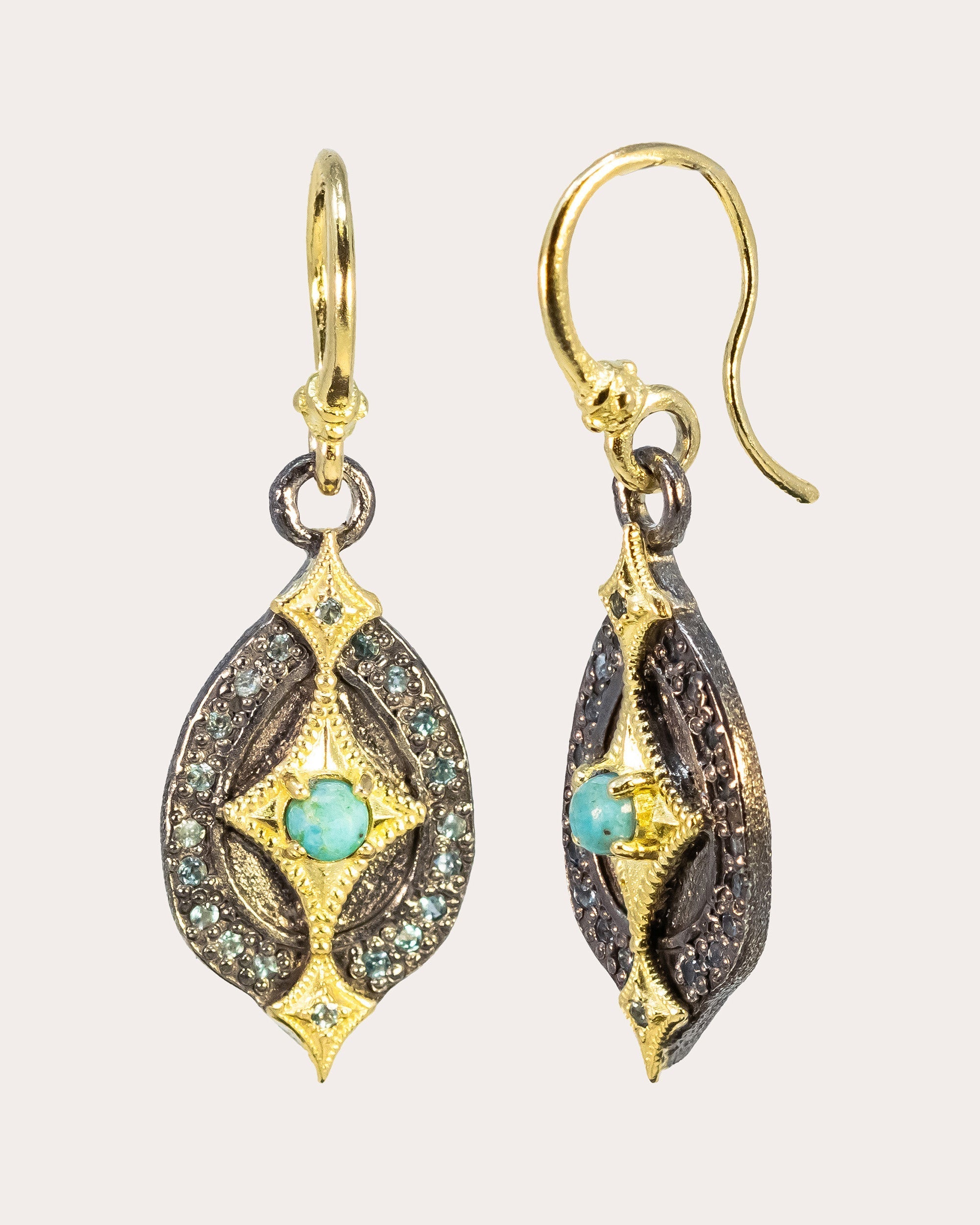 18K Gold Blackened Sterling Silver Turquoise and Topaz Crivelli Earrings