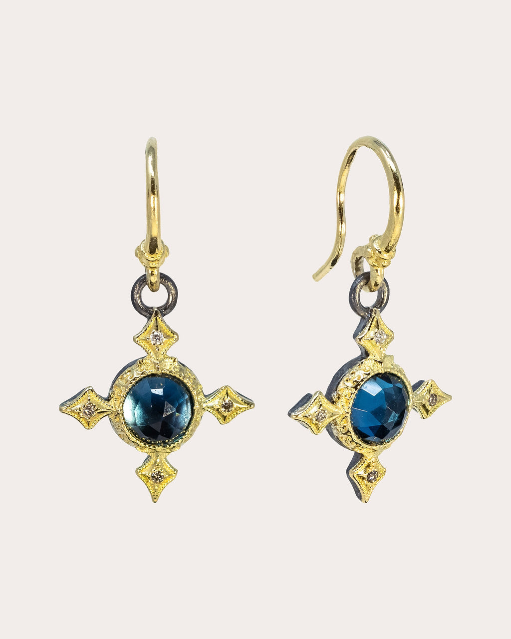 18K Gold Blackened Sterling Silver Topaz and Diamond Crivelli Cross Earrings