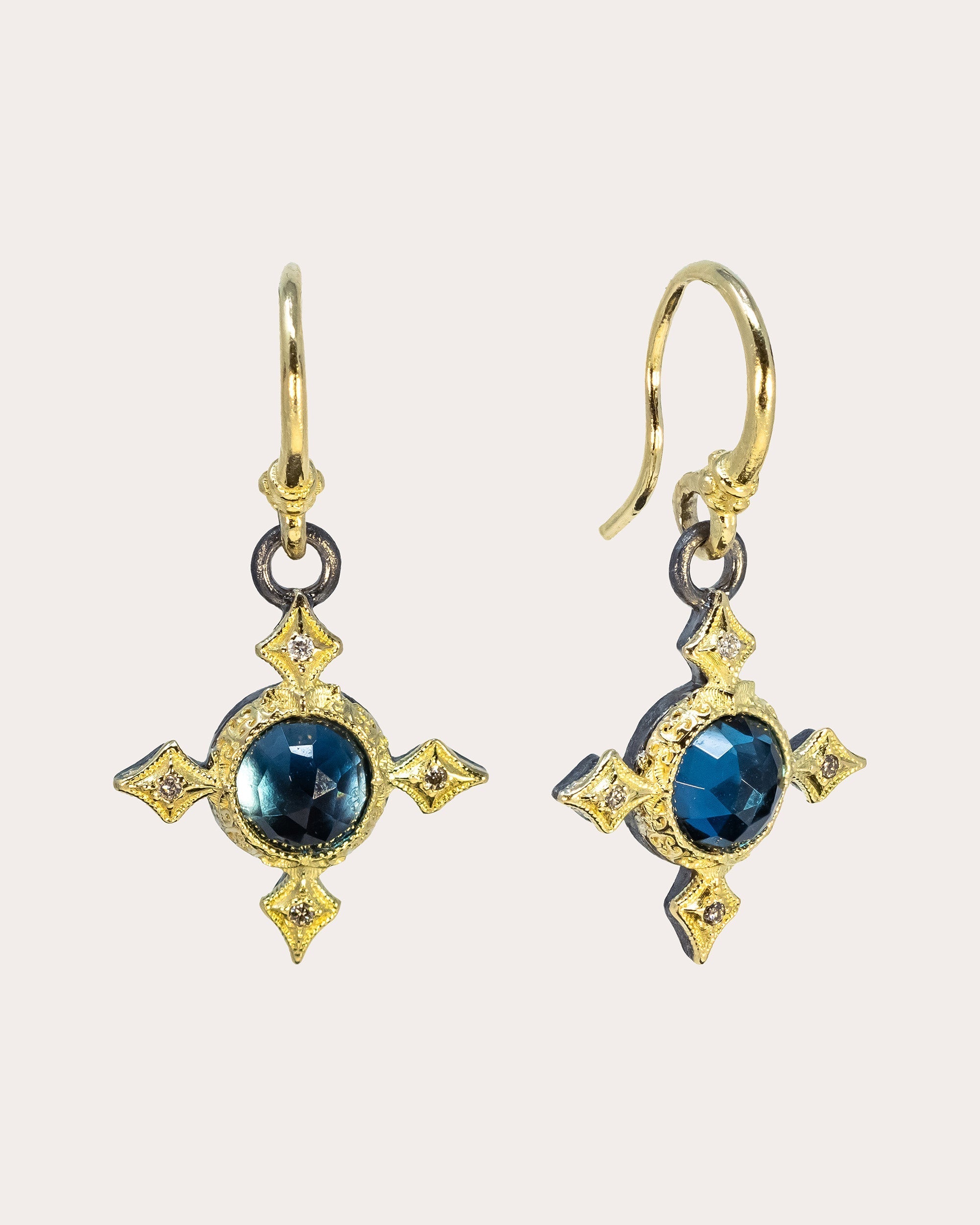18K Gold Blackened Sterling Silver Topaz and Diamond Crivelli Cross Earrings