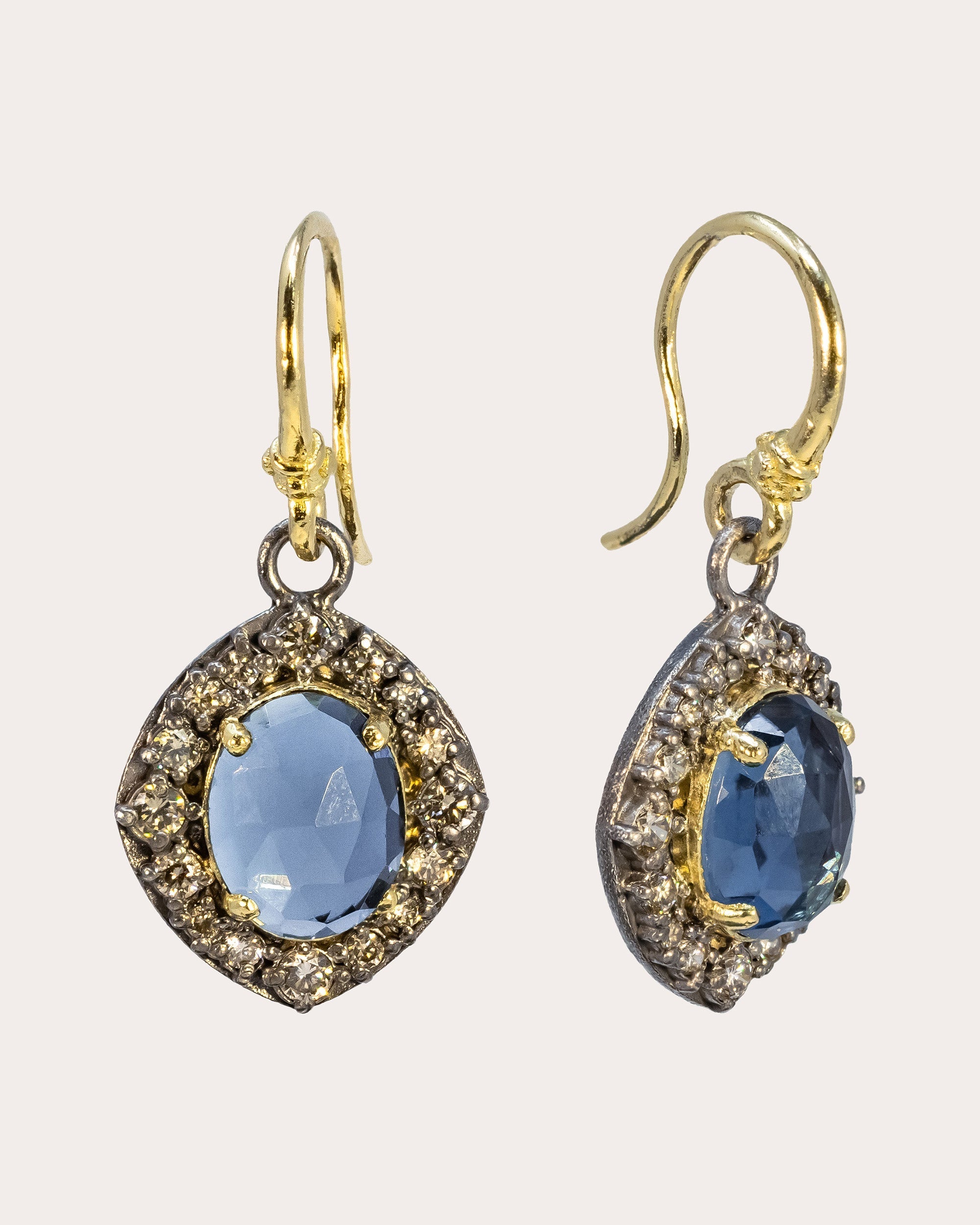 18K Gold Blackened Sterling Silver Topaz and Diamond Earrings