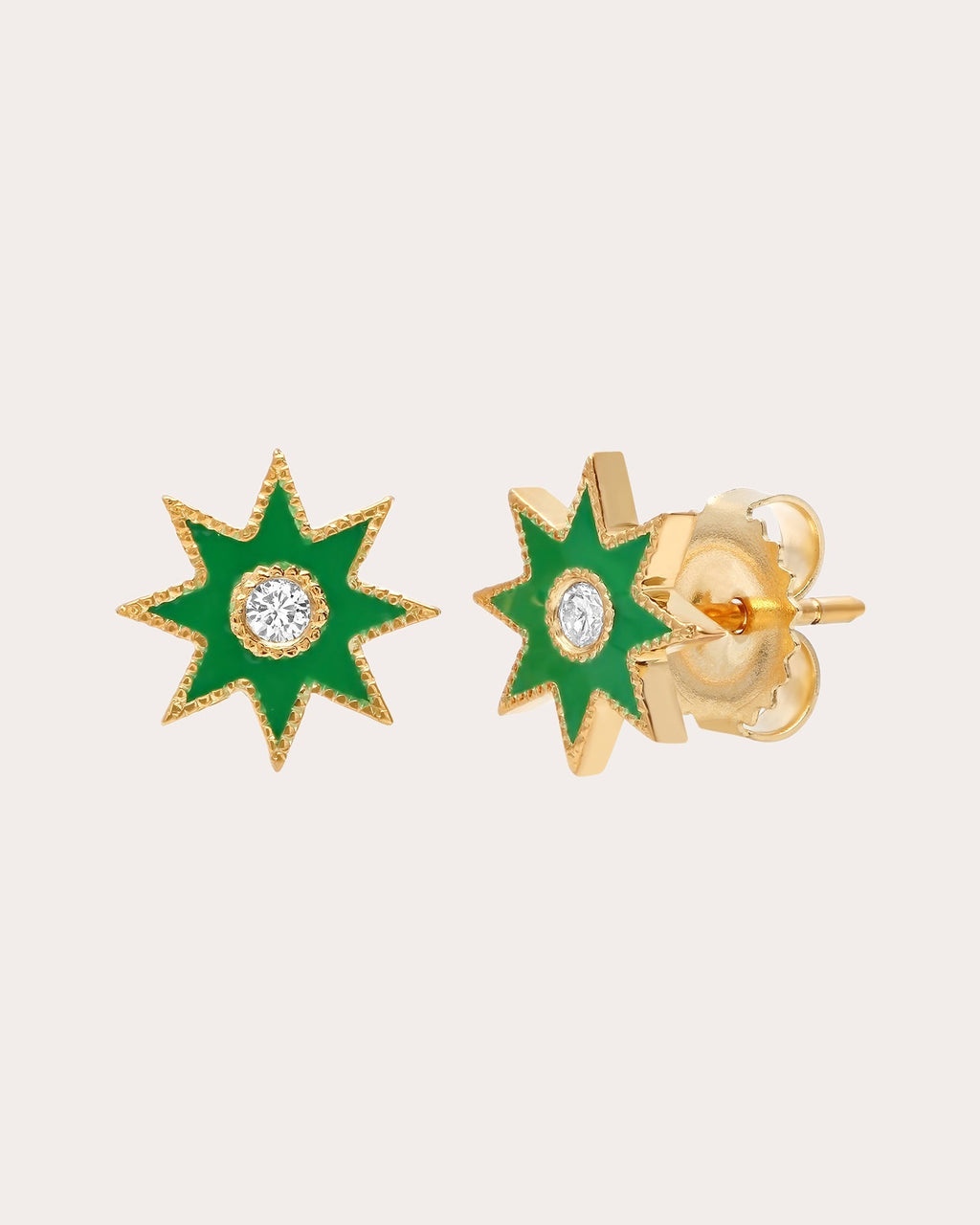18K Gold Green Enamel and Diamond Twinkle Star Earrings