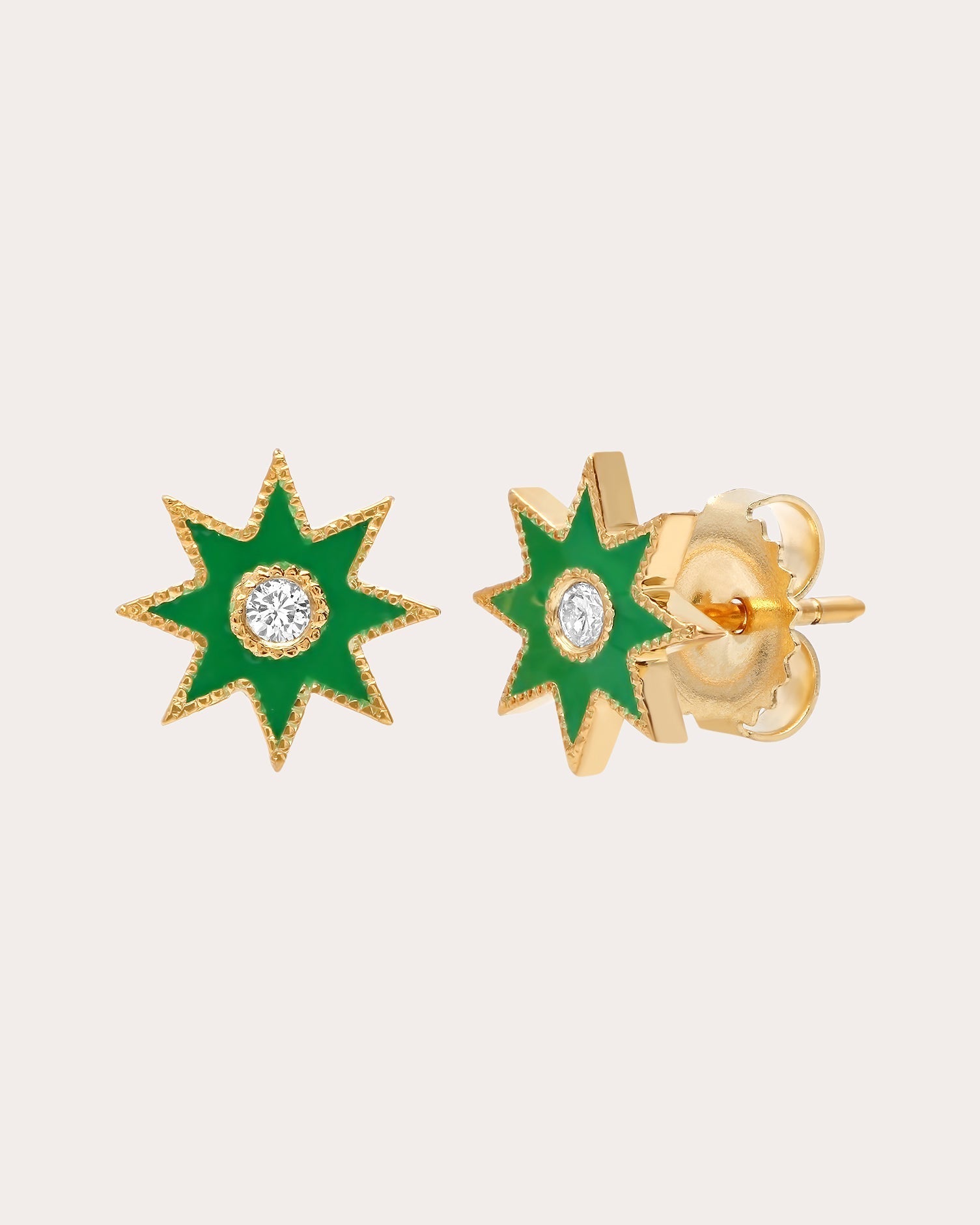 18K Gold Green Enamel and Diamond Twinkle Star Earrings