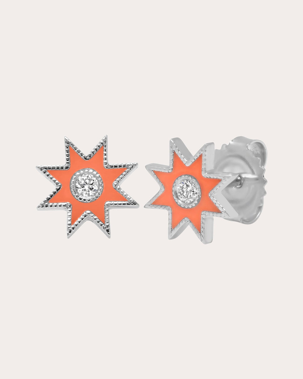 18K Gold Orange Enamel and Diamond Twinkle Star Earrings