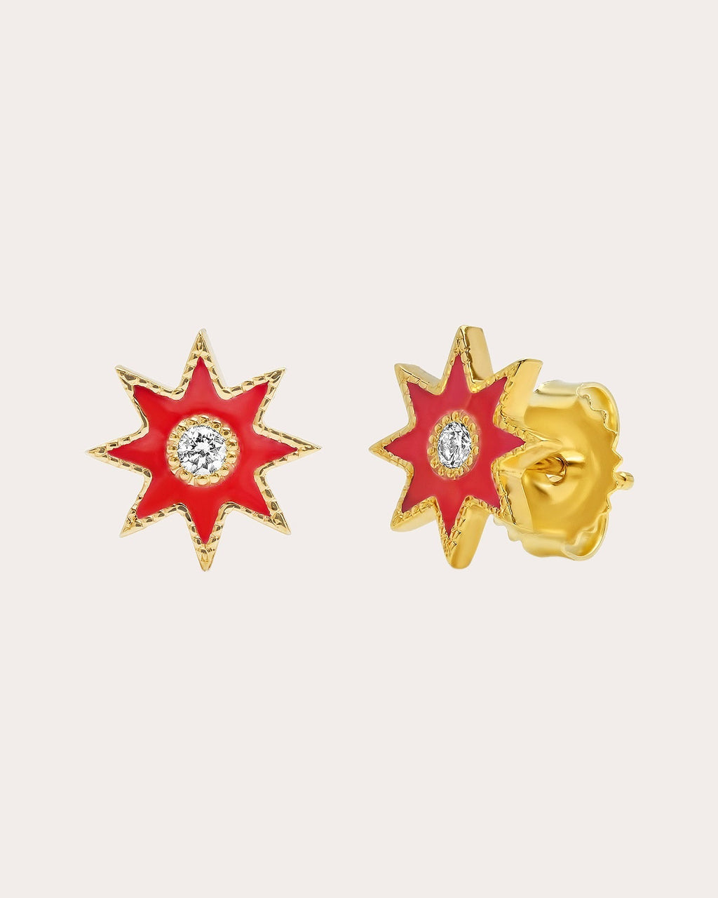 18K Gold Red Enamel and Diamond Twinkle Star Earrings