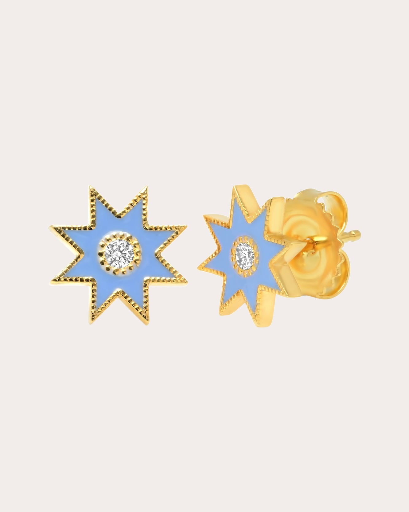 18K Gold Light Blue Enamel and Diamond Twinkle Star Earrings